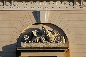 Edme: View from below of the pediment and carved inscription