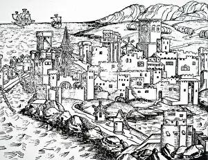 Rhodes: View of Rhodes, showing wind mills for producing