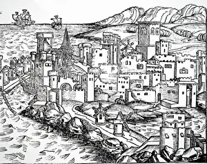 Chronicle: View of Rhodes, showing windmills for producing