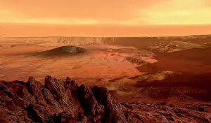 Cones: The view from the rim of the caldera of Olympus Mons on Mars