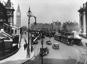 Omnibuses: View from Waterloo of traffic crossing Westminster Bridge