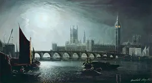 Smythe: View of Westminster ' night, boats on river