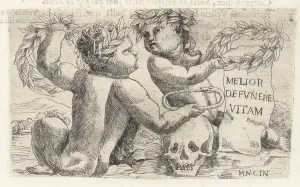 Human Skull: Vignette of two putti in laurel crowns holding