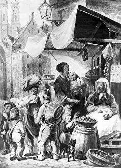 Frauenkirche: Viktualienmarkt in Manchen around 1850