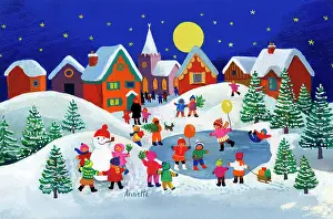 Jane Gordon Clark: Village Scene with Children Skating