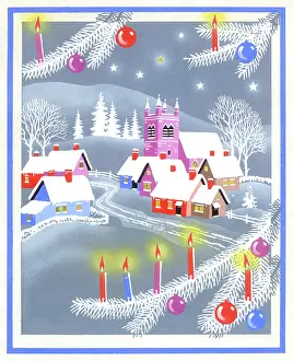 Baubles: Village in snow with Chrismas tree