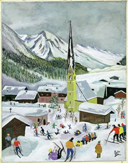 Therese: Village in the snow with skiers