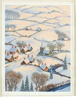 Village in the snow with stream