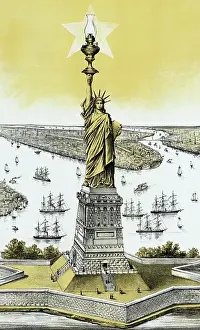 Bartholdi: Vintage color architecture print featuring