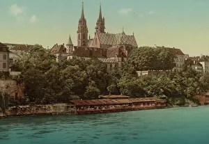 Printmaking: Vintage photochrom print of Basel Minster in Basel