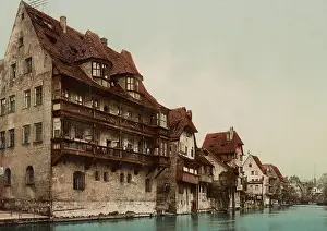 Townhouse: Vintage photochrom print of a section on the Pegnitz
