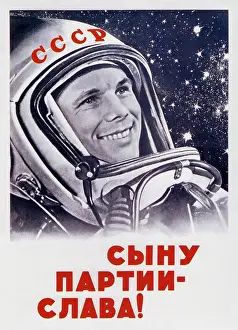 Vintage Soviet space poster of cosmonaut and