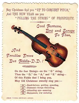 Puns: Violin with comic verse on a Christmas and New Year card