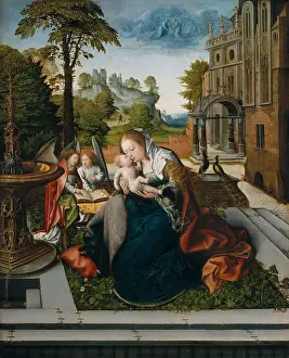 Oil On Wood: VIRGIN AND CHILD WITH ANGELS, by Bernard van Orley
