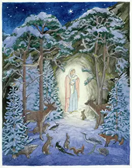 Cute Christmas: Virgin and Child in snowy woods at night
