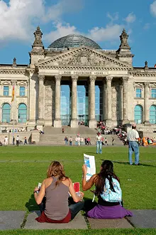 Sightseer: Visitors outside the Reichstag building, Berlin, Germany
