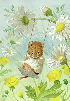 Oxeye: Vole on a swing suspended from oxeye daisy