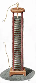 Giuseppe: Voltaic pile by alessandro Volta. Colored engraving