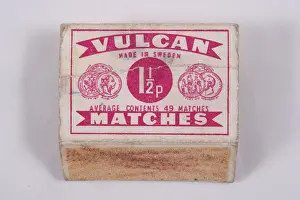 Matchbox: Vulcan matches, coin print, slogan, matchbox design