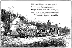 Sacks: Wagon loaded with sacks of corn on the road to