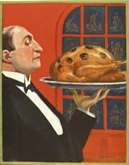 Roast: Waiter carrying roast turkey on a tray