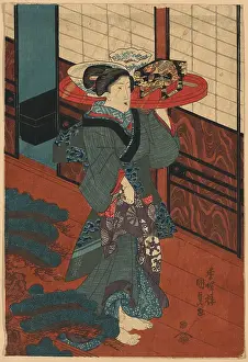 Waitress: A waitress carrying a tray of food