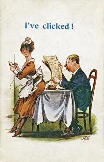 Clicked: Waitress and customer on comic postcard