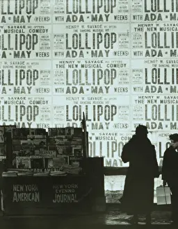 Newsstand: Wall of posters advertising the musical comedy Lollipop