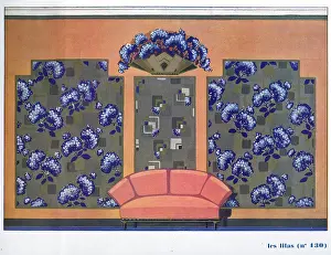 Lilacs: Wallpaper designs shown in a sample interior
