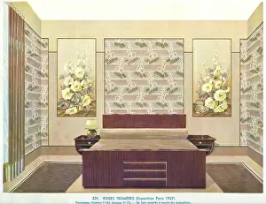 Hollyhocks: Wallpaper designs shown in a sample interior