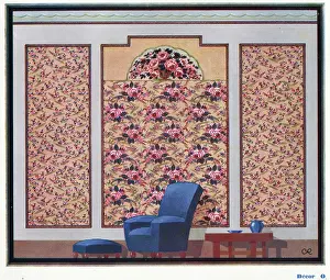 Footstool: Wallpaper designs shown in a sample interior