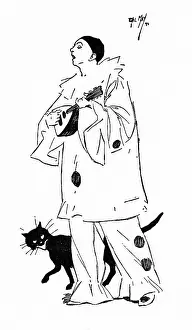 Strumming: A wandering Pierrot Minstrel with his black cat