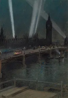 Blackout: War Searchlights over Westminster Bridge, WW1