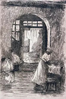 Washerwoman: Washerwoman at Work Ironing, circa 1910