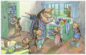 Piglets: Washing Up - pig and piglets in kitchen