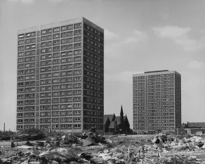 Wasteland: Waste ground, tower blocks and a church