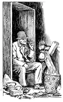 Brazier: Watchman smoking pipe sitting in front of brazier