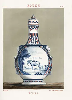 Faience: Water jug from Rouen, decorated with a vignette