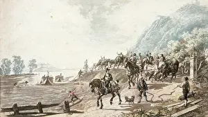 Watercolors: Watercolor of a ship convoy on the Danube. Anonymous