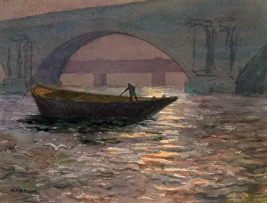 Ripples: Watercolour by Harold Auerbach, boat on a river