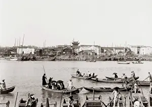 Wuhan: Waterfront scene with boats, China c.1900