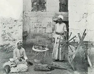 Weavers: Weavers preparing silk for the looms, Cairo, Egypt