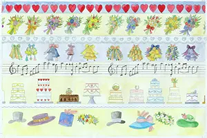 Bouquets: Wedding design with rows of hearts, bouquets, cakes, hats et