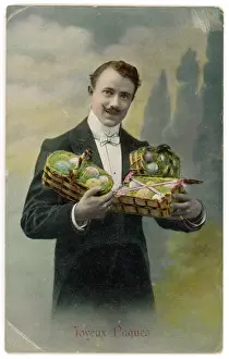 Armful: Well-dressed man with armful of Easter eggs