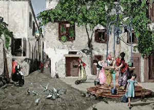 Ilustration: By the Well. Engraving. Colored