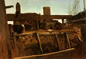 Bierstadt: Wharf Scene with Ship at Dock