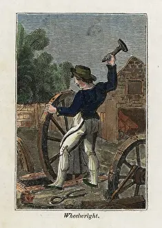 Wheelwright: Wheelwright hammering a metal cover onto a
