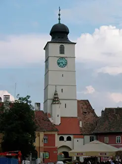 Mica: White clock tower in Sibiu, Romania