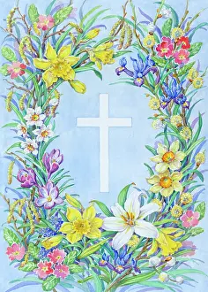 Crocus: White Cross with daffodils, narcissi, iris etc