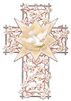 Ephesians: White flowers and dove on a cross-shaped Easter card